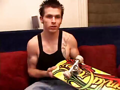 Back from skateboarding, Sheldon whips out his dick. Then he pulls a leg over his head and begins sucking on the head of his hard cock.