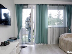 Sexy Russian babe with natural boobs takes care of Kristof's cock