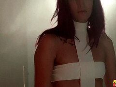 Purple-haired Euro babe with small tits gets boned in threesome