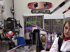 Uniformed pawnshop babe doggystyled for cash