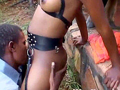 smooth-shaven ebony chick gets roped and fingered by a wild dude