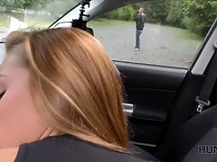 Horny teen gets her pussy licked in front of her cuckold husband in a car