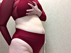 Belly Inflation In Dark Red Bikini