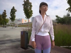Transparent leggings and sheer shirt in public