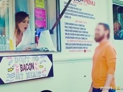 Shameless horny teen Alex Blake riding cock in hot dog stand