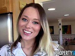 Hot real estate agent gives a hot self-shot blowjob and gets her natural tits licked