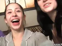 Nice young girls pajama party and one of the girls with glasses gets her pussy nailed by her acquaintance dressed in strap-on toy