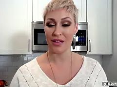 Stepson fucks her stepmom Ryan Keely from behind on the kitchen counter and makes a hot porn video