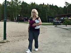 Old blonde granny rides cock on public