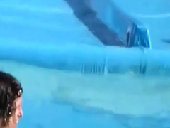Tiny tits and ass exposed on the waterslide