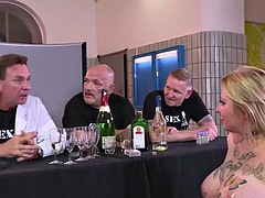 Blonde busty slut in search of gangbang