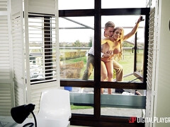 お尻, デカパイ, ブロンド, チン, なめる, オフィス, ピアス, ショートヘア