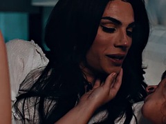 美女, デカチン, フェラチオ, キス, なめる, オナニー, シーメール, オッパイの