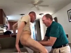 Clothed grandpa on his knees sucking daddys cock
