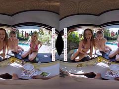 Grosse bite, Gros seins, Blonde, Brunette brune, Le plan cul à quatre, Fête, Pov, Surprise