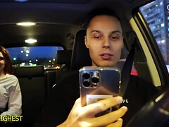 Amateur chick with fake tits gets ready for a wild ride with a kinky bitch on fake taxi strip