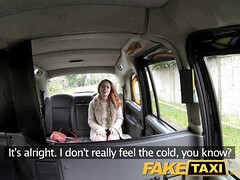 Ella Hughes, the hairy-haired redhead, gives a public deepthroat & gagging ride in a fake taxi