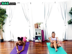 Petite ebony yoga lesbian stretches before scissoring