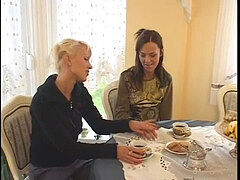 Slutty little bitch Cony Ferrara with large knockers cheats her spouse with juicy beauty Amanda with raven-black hair