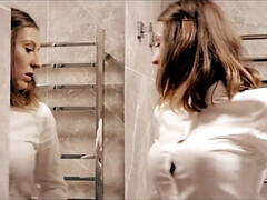 デカパイ, 茶髪の, 巨乳な, 指いじり, キス, レズビアン, オッパイの, 濡れ