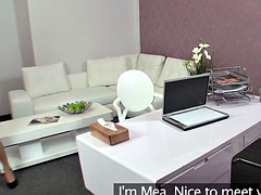 Female agent licks babe in front of assistant