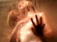 Busty blonde takes shower and girlfriend joins to have sex