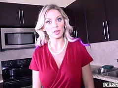 Stepmom Kenzie Taylor begs to deepthroats stepsons huge cock while wearing handcuffs.She likes swallowing his boner and got loaded with a facial jizz.