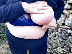 Homemade BBW Stepmom Flashes Her Huge Natural Tits in a Field - Amateur MILF Wife