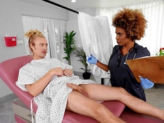 Ebony nurse Demi Sutra gets her dose of hard cock