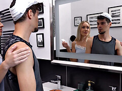 A kinky blonde get a hard pounding on the couch while wearing a nightie and flexing her tight bald pussy