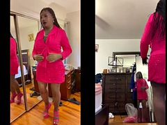 The black Danae takes off her pink dress, lingerie, gets naked and cums