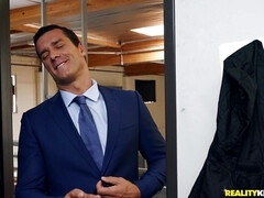 Abella gets caught masturbating behind the desk and screwed