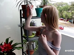 Cute Petite Blond Hair Babe Masturbates On Her Deck