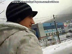 Horny and romantic couple sex on a cold snowy day
