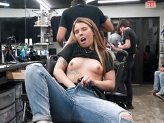 Naughty gf gets her cunt banged in the barbershop