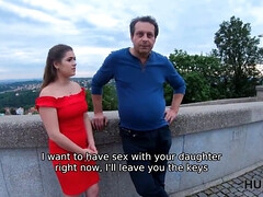 Sweet pale-skinned lady in red dress gets fucked in front of her dadd