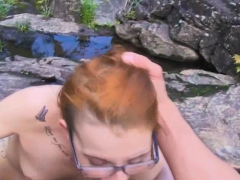 Redhead French gf blows cock in the woods