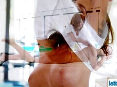Masseuse massages clients back using tits