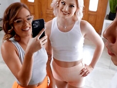 美女, デカパイ, ブロンド, フェラチオ, グループ, 手コキする, キス, ティーン