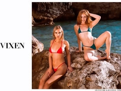お尻, ブロンド, フェラチオ, バック, 女 人男 人, 手コキする, アウトドア, ティーン