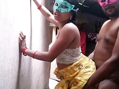 Busty Indian amateur babe fucked standing by masked boyfriend