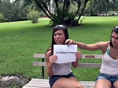 Two amateur chicks play lesbian games on the street