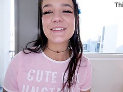Daisy Love, the gorgeous 19yo, takes a huge cock POV-style and swallows cum like a pro!