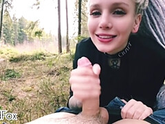 OUTDOORS BLOWJOB, teenage nympho in the forest gets cum on face - Red Fox