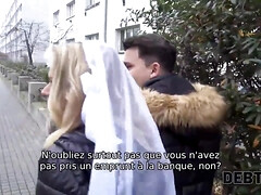 DEBT4k. Debt collector pounds bride in white sundress and stocking