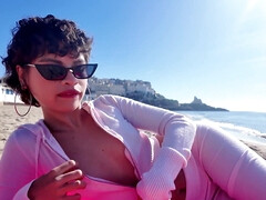 お尻, ビーチ, オナニー, お金, ヌード, 一人, オッパイの, 濡れ