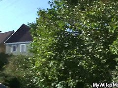 Her hubby fucks busty blonde mother in law outside