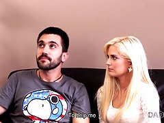 Candee Licious, the experienced blonde, sucks and fucks her daddy's hard cock for him to cum in her mouth