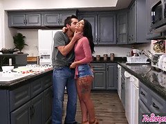 Gina Valentina gets her mouth filled with Donnie Rock's big cock and takes it in the fight