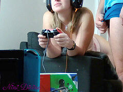 A teenage gamer damsel plays, sucks a cock and gets ravaged from behind!